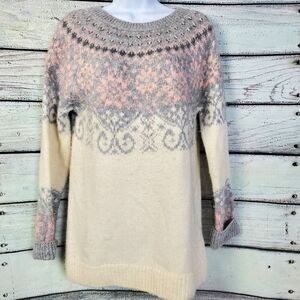 H&M L.O.G.G Fair Isle Knit Sweater XS Cream Gray Pink Wool Blend Pullover